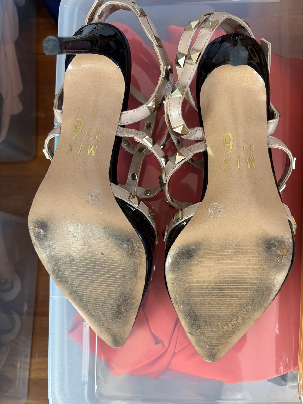 Mix No. 6 Black Patent Pointed-Toe Studded Strappy Heels with Nude Straps - Picture 2 of 3
